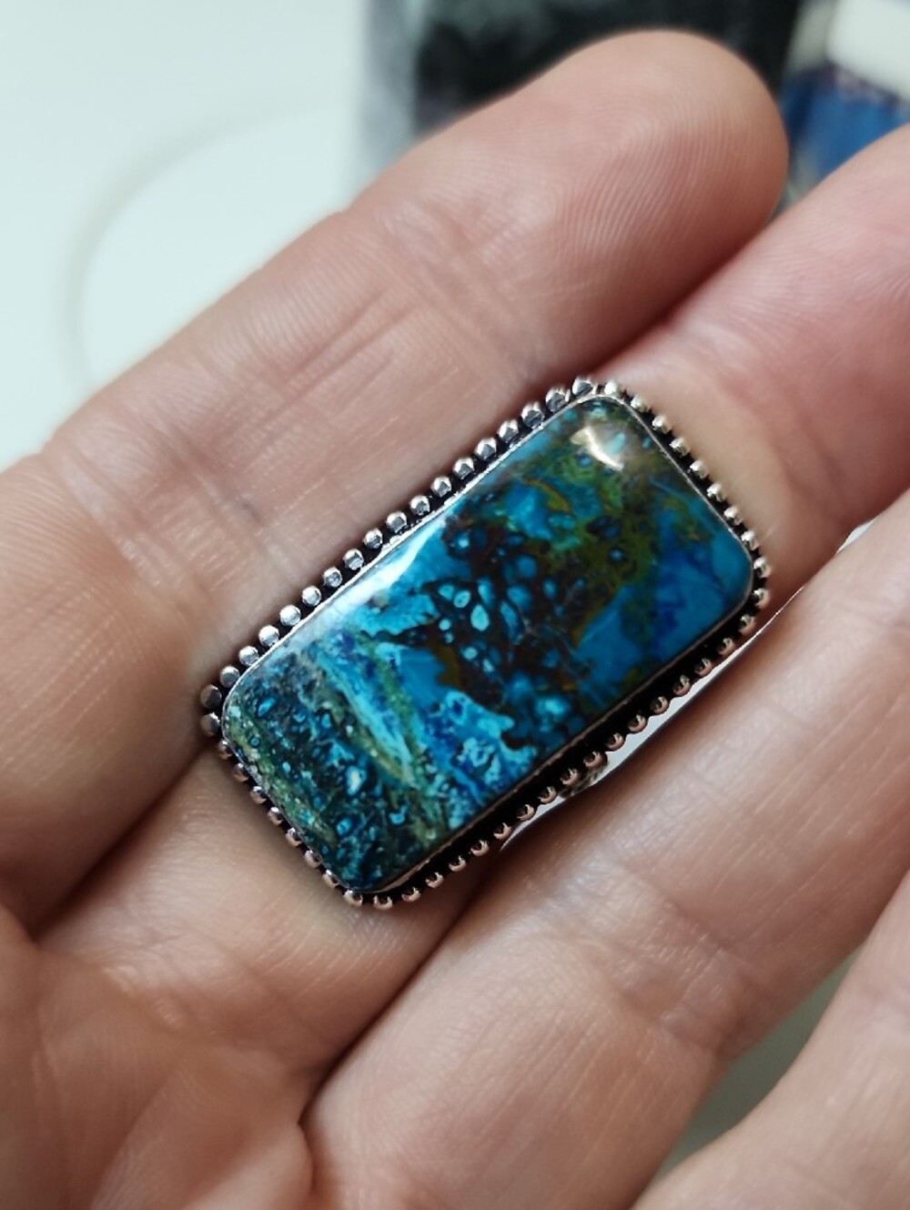 Blue Green Rectangular Statement Ring - Picture 5 of 5